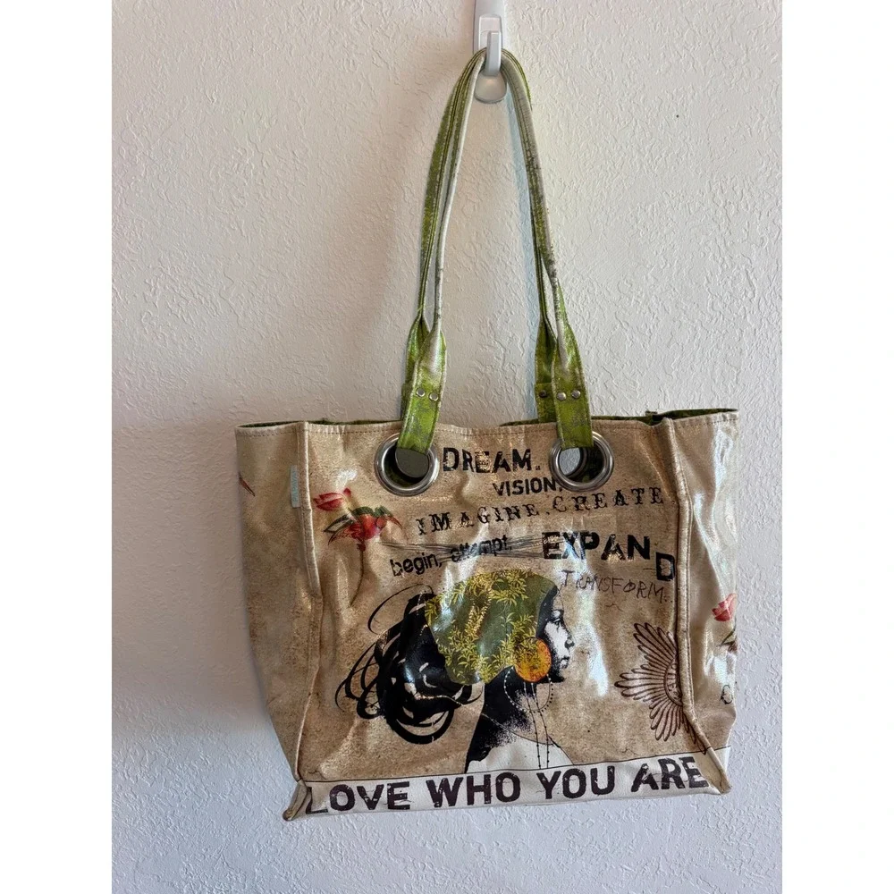 Papaya! Art Tote Bag Love Who You Are Dream Imagine Create Large Oilcloth Tan
